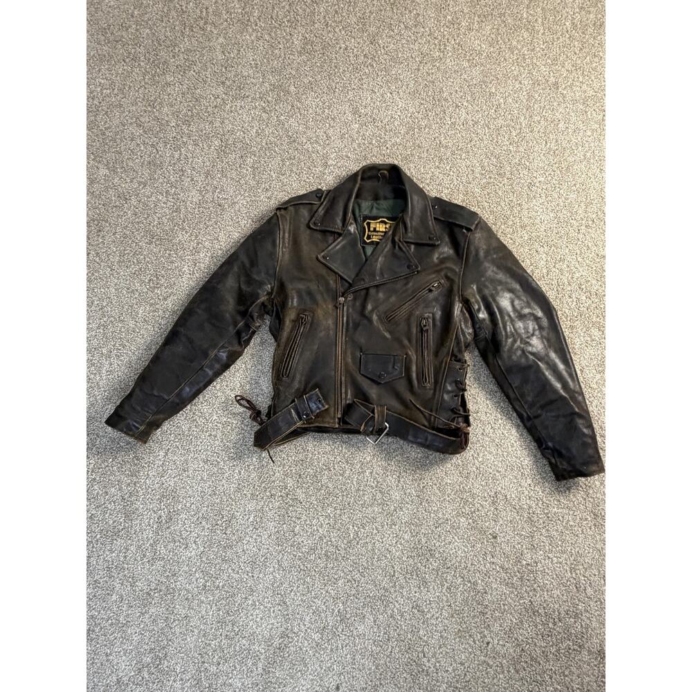 Vintage 90s First Genuine Leather Jacket Mens 40 Motorcycle Belted CC Pocket